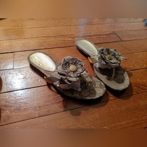 Coach open toe sandals, gold/brown logo sz 8